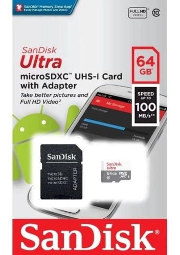 Imagem 1 de 3 de Cartão Memória 64gb Sandisk 100mb/s Micro Sd Ultra Classe 10