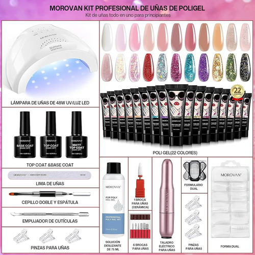 Kit Completo Para Uñas Polygel 22 Colores Con Lampara Led Multicolor