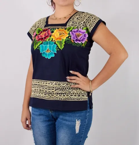 Blusa Yucateca Bordada Azul Marino Lino Modelo Viviany Cuotas