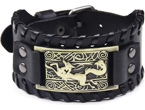 Pulsera De Cuero Negro Thajaling, Pulsera De Zorro Para Homb