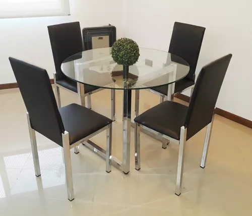 Juego Comedor 4 Sillas + Mesa Vidrio Redonda De 1 M Cromado