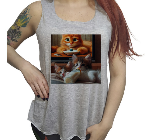 Musculosa Dama Gatitos Tomando Leche Con Pajita M2