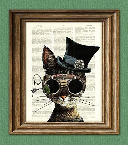 Steampunk Impresion Del Arte Reloj Gatito Gato Ilustracion