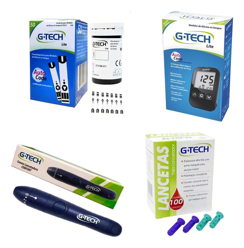 Kit Medidor Glicemia Glicose Gtech Lite 50 Tiras 100 Lanceta
