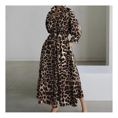 Vestido Camisero Elegante Mujer Con Estampado De Leopardo
