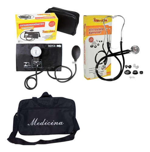 Kit Medicina Com Esteto Esfigmo E Bolsa Preto