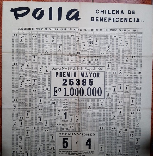 Afiche Polla Chilena Sorteo Numero 456 1ro. De Mayo Año 1966 (Usado)