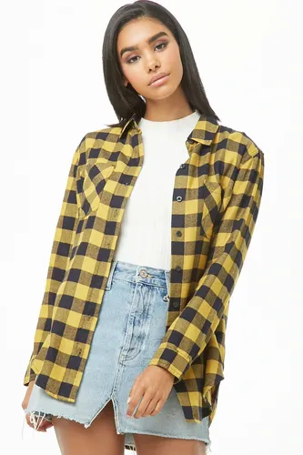 Forever 21 Camisa Mujer Cuadros Chicos Amarillo Negro Larga