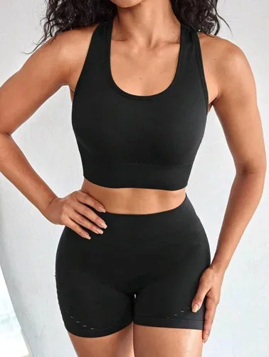 Conjunto Deportivo Biker + Crop Top Push Up Negro - Ref 5165