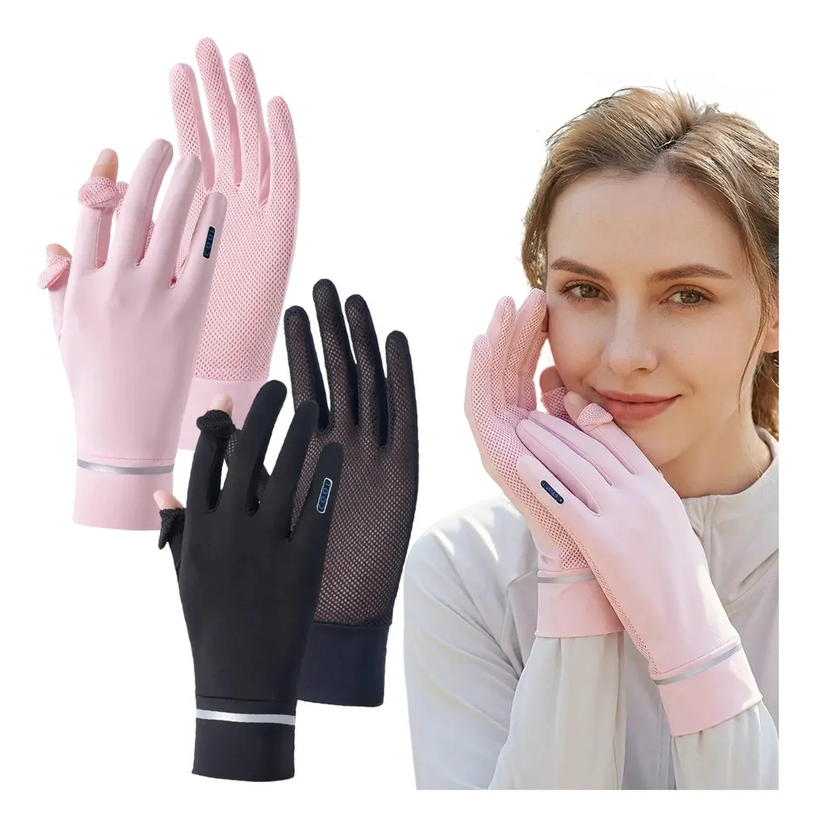 CRYZMITOL 2 Pares Guantes de Protección Sol UV Solar Verano 2 Dedos Malla Giratoria Pantalla Táctil Guantes de Dedo Completo Mujer para Conducir,Senderismo,Deportes al Aire Libre