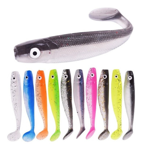 10 Señuelos Pesca Blando Ojos 3d Vinilos 6,5cm 2,1gr Cola T