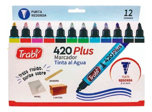 Marcadores Trabi 420 Al Agua Fibron Pack 12 Colores Grueso