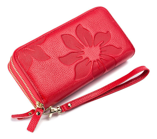 Cartera Rfid Piel Genuina Mujer Patrón En Relieve De Flores