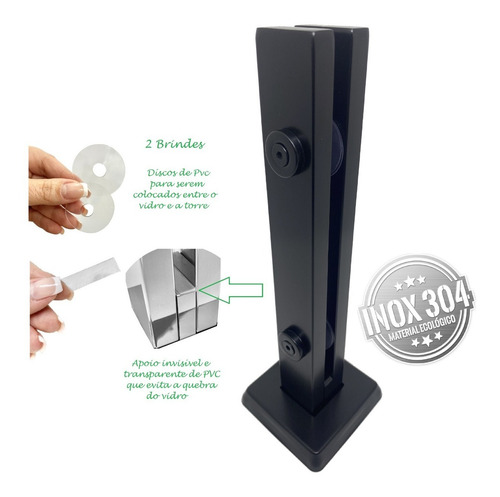20 Coluna Torre 40 Cm Preto Fosco 2 Furos Guarda Corpo Inox