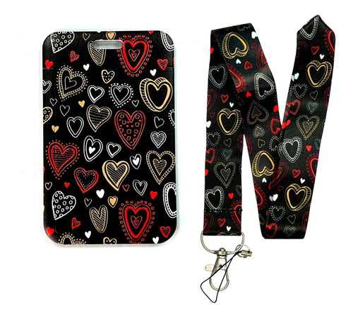 Porta Credencial Con Lanyard Negro Corazones Rojos Kb330