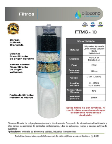 Filtro Repuesto Purificador De Agua Multicapas 10 . Ftmc10 