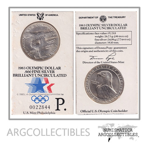 Usa Moneda 1 Dolar 1983 P Plata 900 Juegos Olimp. Km-209 Unc