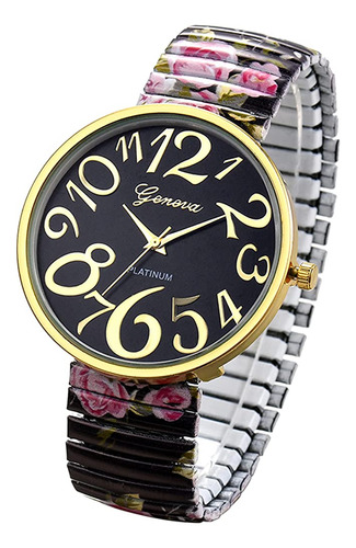 Jewelrywe Women's Big Dial Easy Reader Watch Floral Elastic 