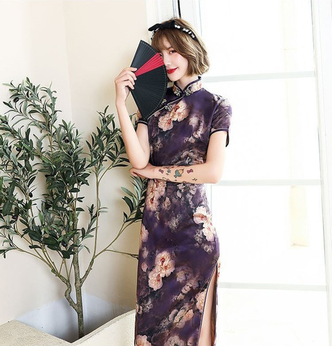 Vestido Chino Tradicional Qipao Negro Cheongsam Adornos 1