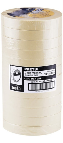 Paquete 12 Pz Cinta Masking Tape 3/4'' X 50 M Pretul 20669