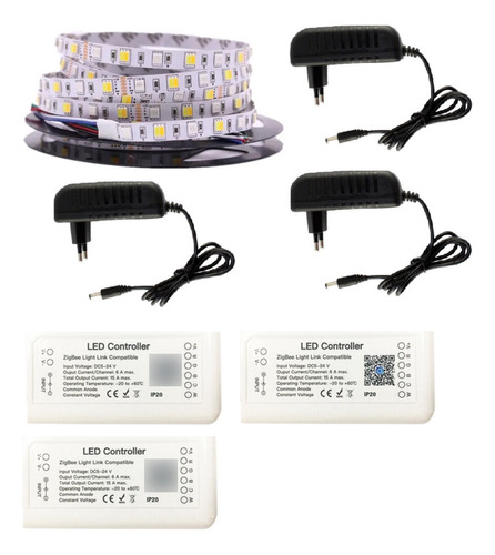 Kit 3 Fitas Led Rgbcct Ip20+ 3 Controlador Zigbee + 3 Fontes