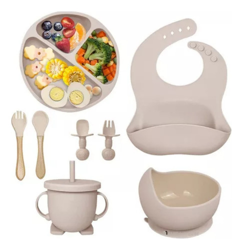 Set De Cubiertos Para Bebés Silicona Plato Antideslizante