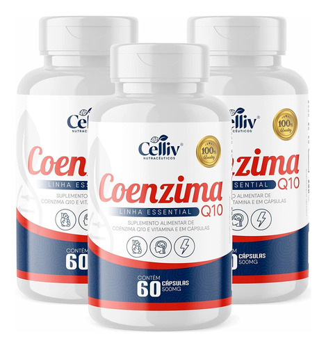Kit Com 3 - Coenzima Q10 100mg Por Porção 60 Cápsulas Celliv