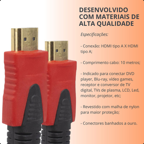 Cabo Hdmi 10 Metros 1.4 Full Hd 1080p Malha Nylon Blindado