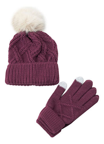 Gorro Mujer Pack Guantes Burdeo Corona