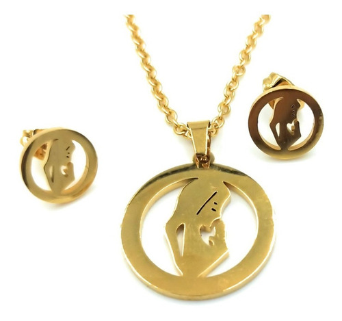 Cadena Dije Y Aretes En Forma De Mamá Rezando Dorada Acero