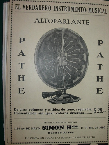 Clipping Antiguo Publicidad Alto Parlantes Pathe Simon Bsas