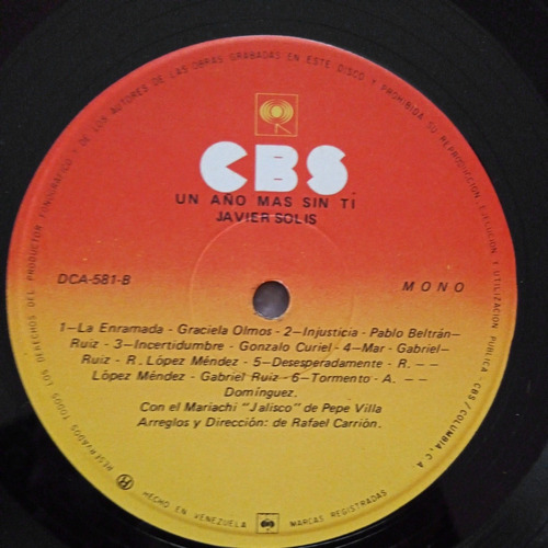 Javier Solís Un Año Mas Sin Ti. Vinilo. Disco (Usado)