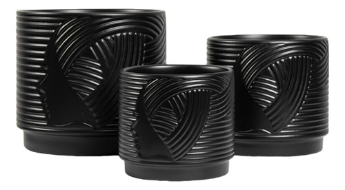 Set De 3 Maceteros Ceramica Color Negro Black Edition