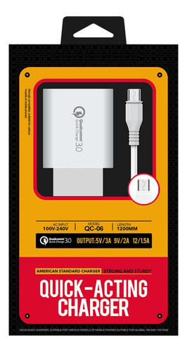 Cargador Usb De Pared Qc 3.0 Carga Rapida + Cable Micro A+ ®