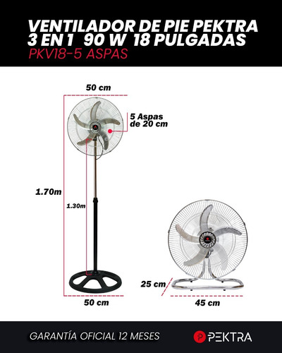 Imagen 4 de 8 de Ventilador 3 En 1 Pektra 5 Aspas 18 Pulgadas 90w Pie Pared