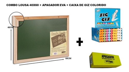 Kit Lousa Quadro Grande Negro/verde Madeira+ Apagador + Giz 