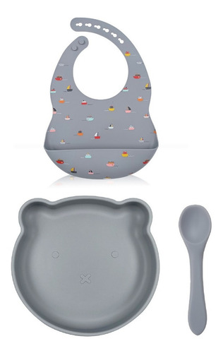 Set Alimentacion Bebe Silicona Premium Estampas 3 Productos Color Gris + Barco