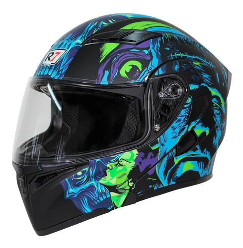 Casco Abatible R7 Racing Uncarred En Negro Con Diseño Azul