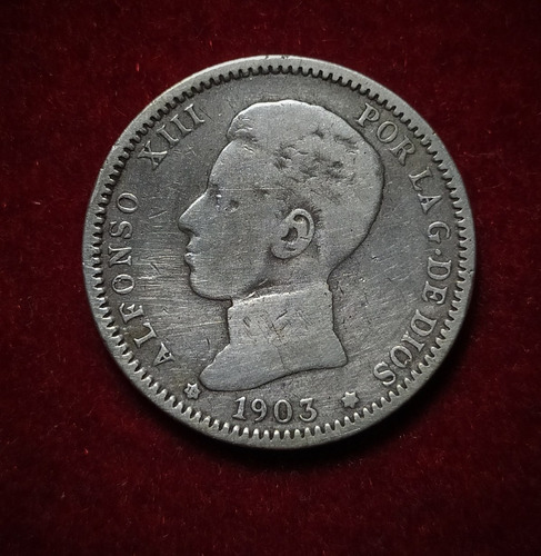 Moneda 1 Peseta 1903 España Plata 0.835 Km 721 Alfonso 13 