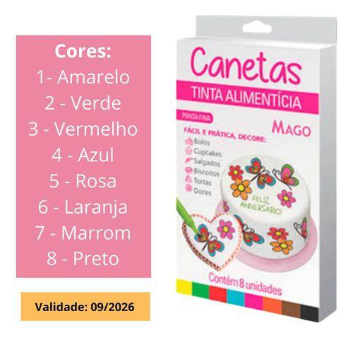 8 Canetas Tinta Comestível Recarregável Colorida Ponta Fina