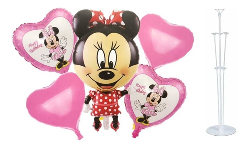 Set De 5 Globos Metálicos Minnie + Soporte Para Globos 90 Cm