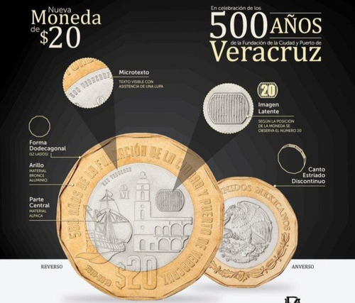 Moneda De 20 Pesos (500 Años De Veracruz) 