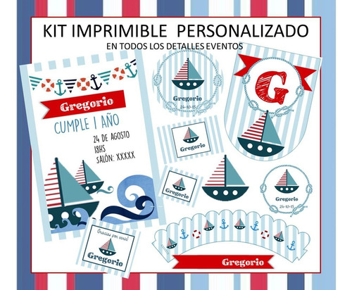 Kit Personalizado Naútico Barco Invitación Candy Deco Imprim