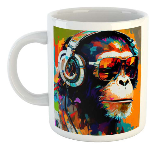 Taza Ceramica Mono Escuchando Musica Auriculares Gafas