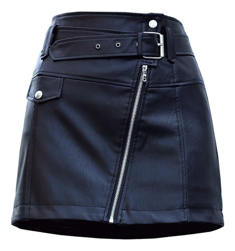 Women's Short Skirt Fake Leather Front Zipper Bloggueiras