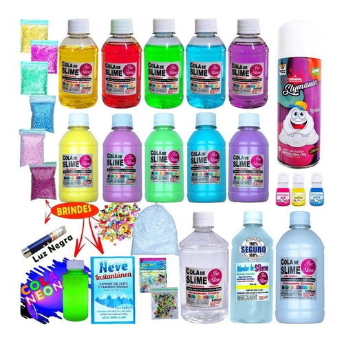 Kit De Slime Cola Branca E Transparente + Frutinha E Squishy