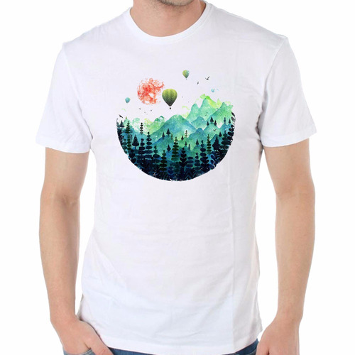 Remera De Hombre Bosque Estilo Watercolor Globo Aerostatico