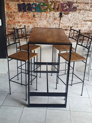 Imagen 3 de 5 de Mesa Barra 120x60 Con 4 Taburetes De Hierro Industrial