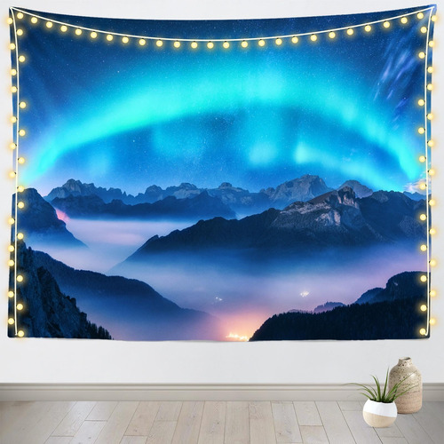 Corfoto Tapiz Tela Diseño Montaña Brumosa Aurora Boreal Para