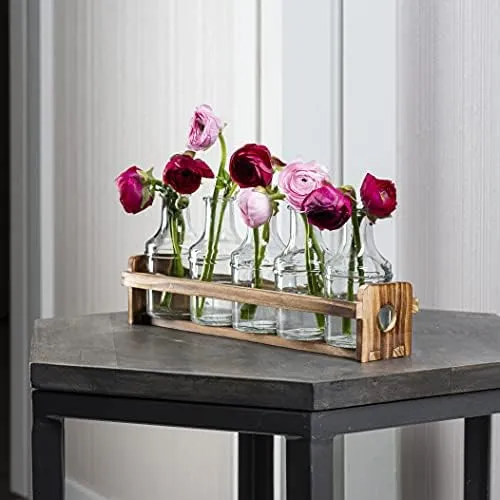 Florero De Vidrio Con Soporte De Madera Y 5 Floreros Para Fl